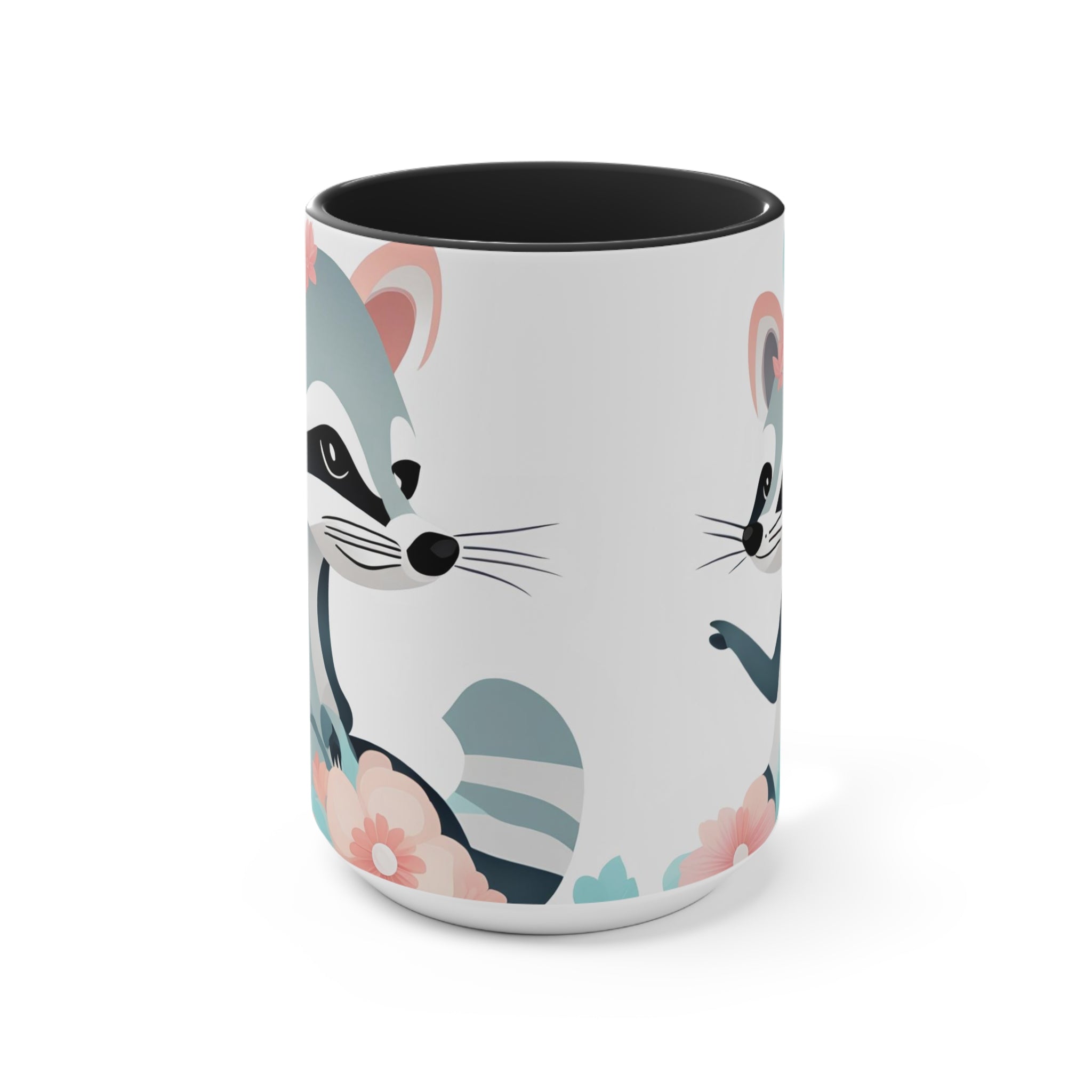 Two Raccoons with Pastel Flowers, Ceramic Coffee Mug