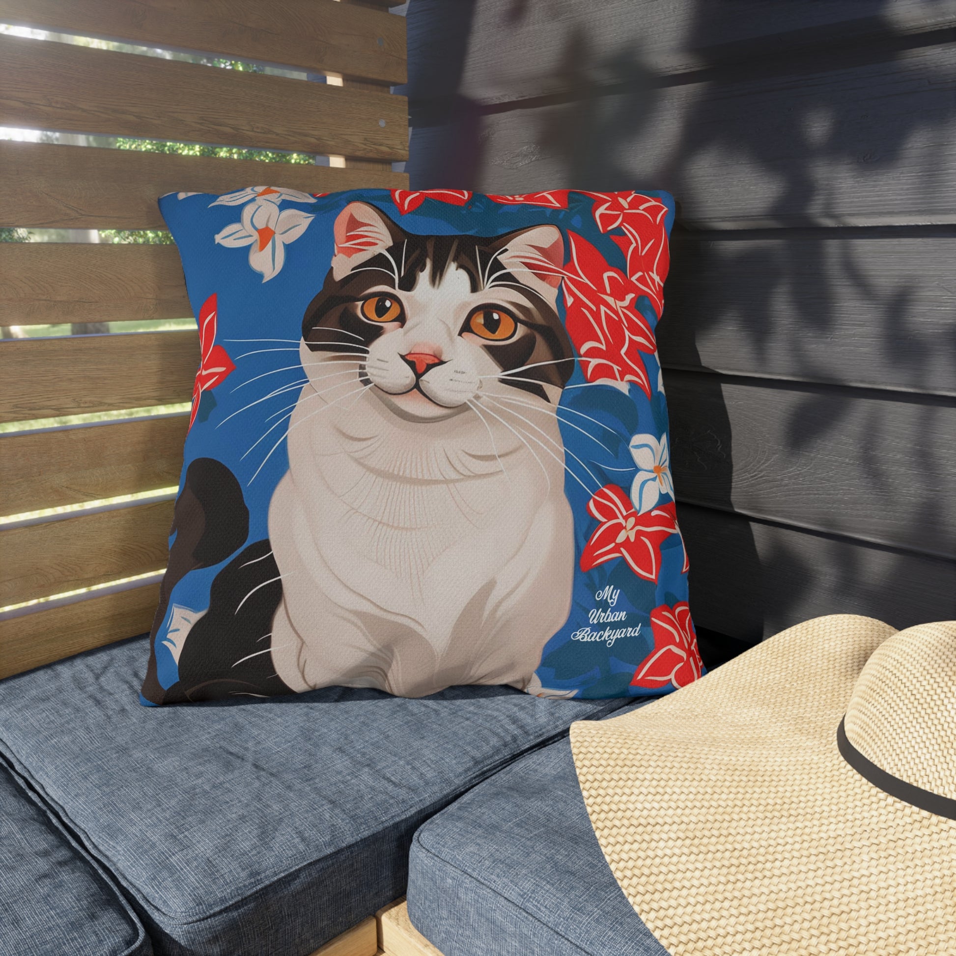 Cat w Red White + Blue Flowers, Taupe accent color, Throw Pillow, Indoor/Outdoor Decor for Home or Office