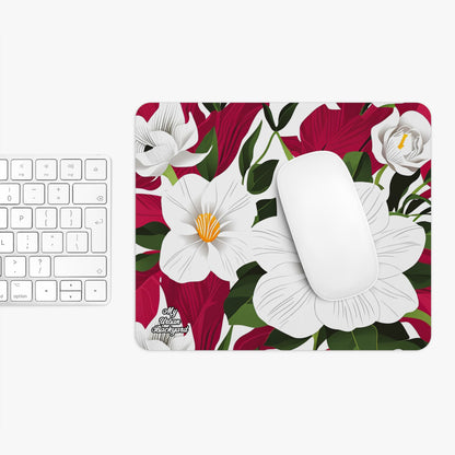 Computer Mouse Pad with Non-slip rubber bottom for Home or Office - White Flowers on Red