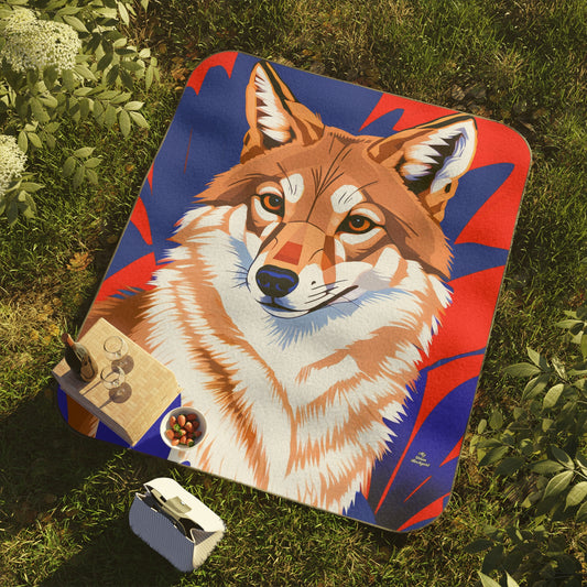 Coyote on Blue and Red, Cozy Outdoor Picnic Blanket, Water-Resistant Bottom, 51" × 61"