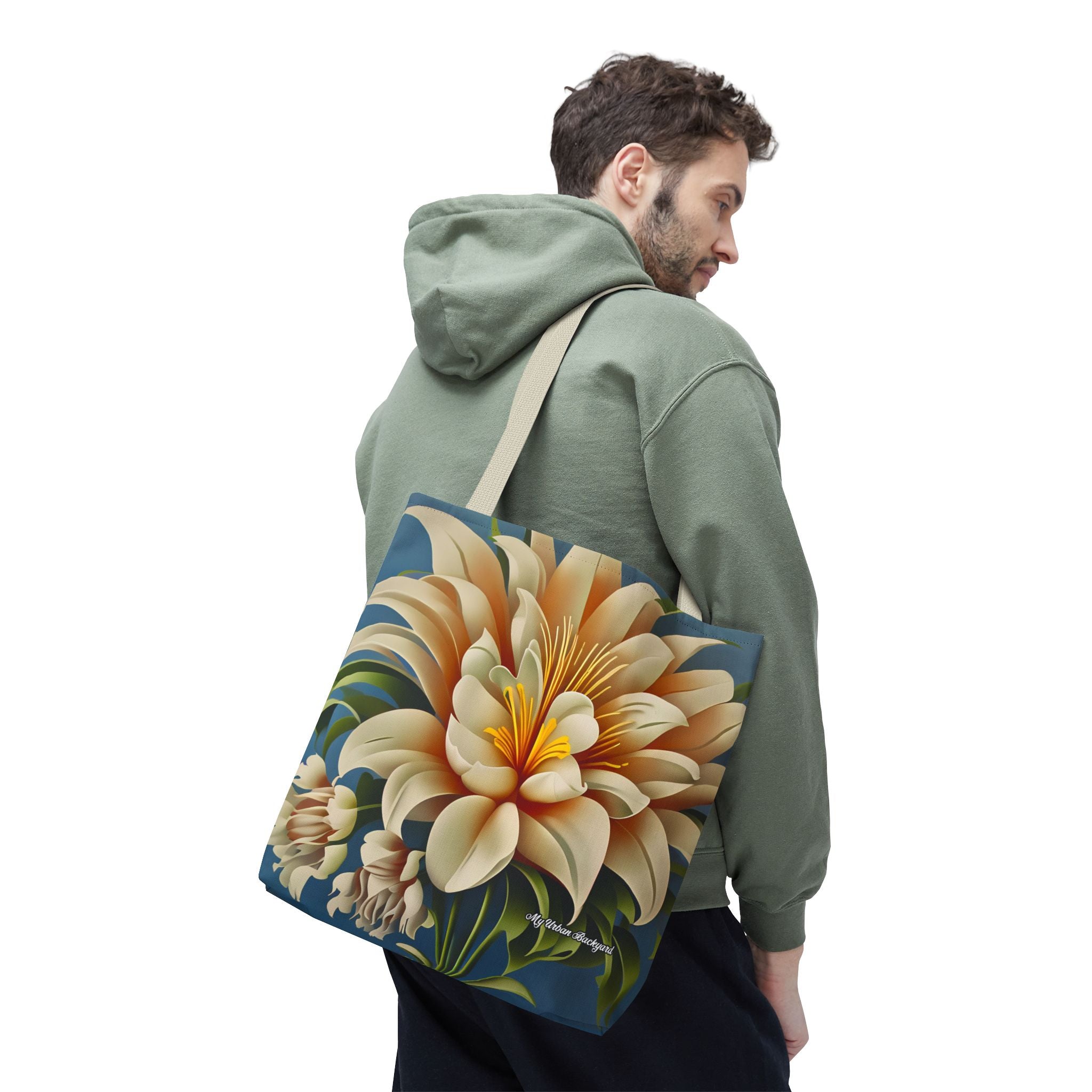 Large White Flower Tote Bag with Cotton Handles For Everyday Use, 3 Sizes