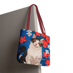 Cat with Red and White Flowers, Tote Bag with Cotton Handles For Everyday Use, 3 Sizes