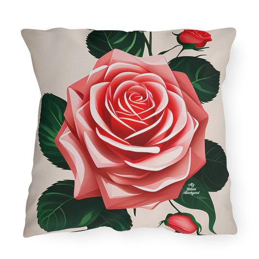 Pink Rose Flowers, Taupe accent color, Indoor/Outdoor Throw Pillow Decor for Patio or Office