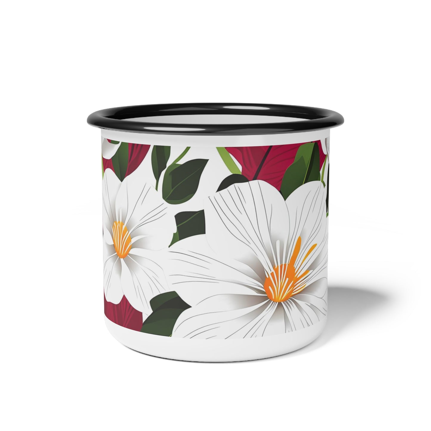 12oz Enamel Camping Mug for Coffee, Tea, Hot Cocoa, or Cereal - White Flowers on Red