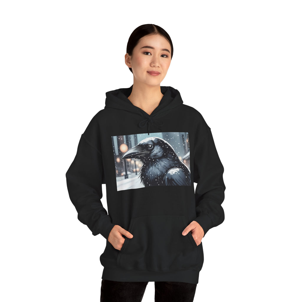 Urban Crow In Falling Snow Hoodie — Comfy Winter Graphic Hoodie