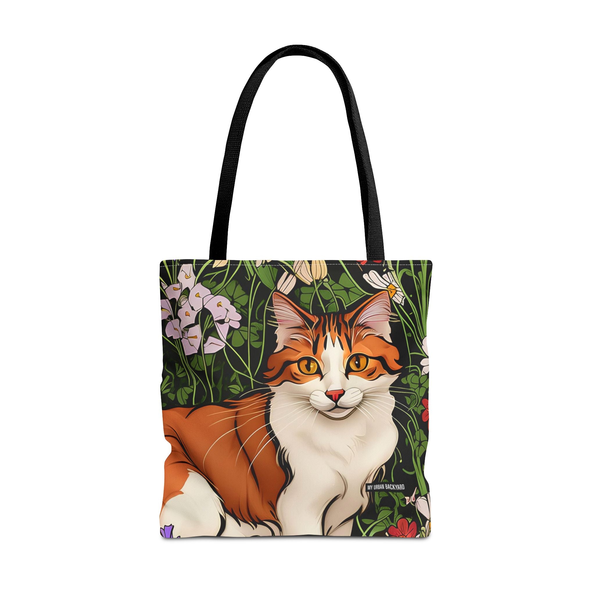 Orange Cat with Flowers, Tote Bag w Cotton Handles