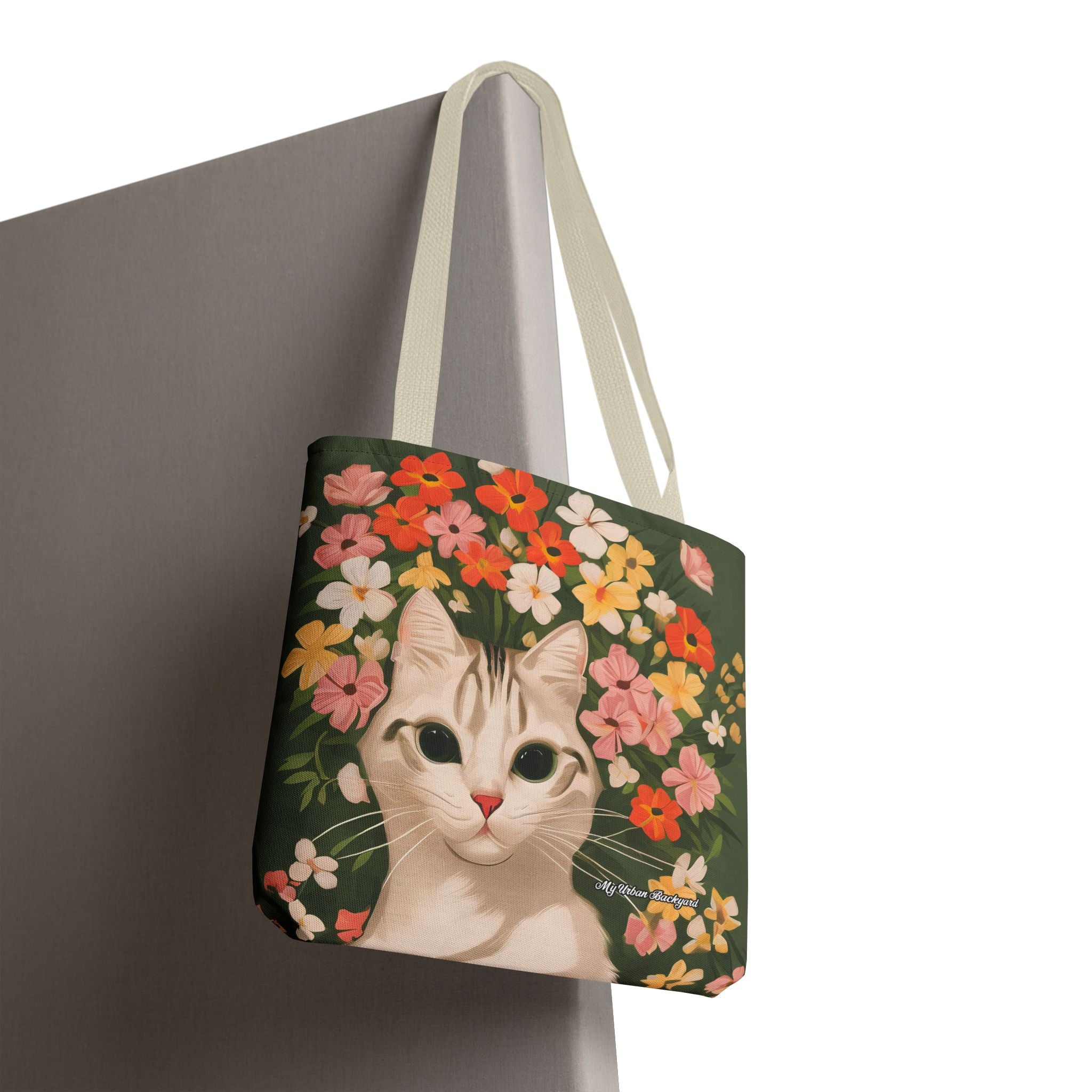 White Cat with Flowers Tote Bag with Cotton Handles For Everyday Use, 3 Sizes