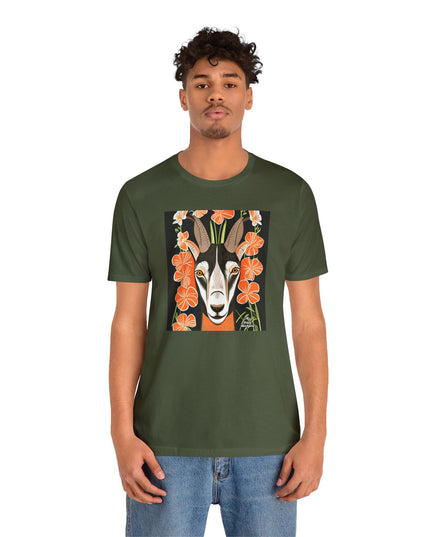 Goat with Orange Flowers, Soft 100% Jersey Cotton T-Shirt, Unisex, Short Sleeve, Retail Fit