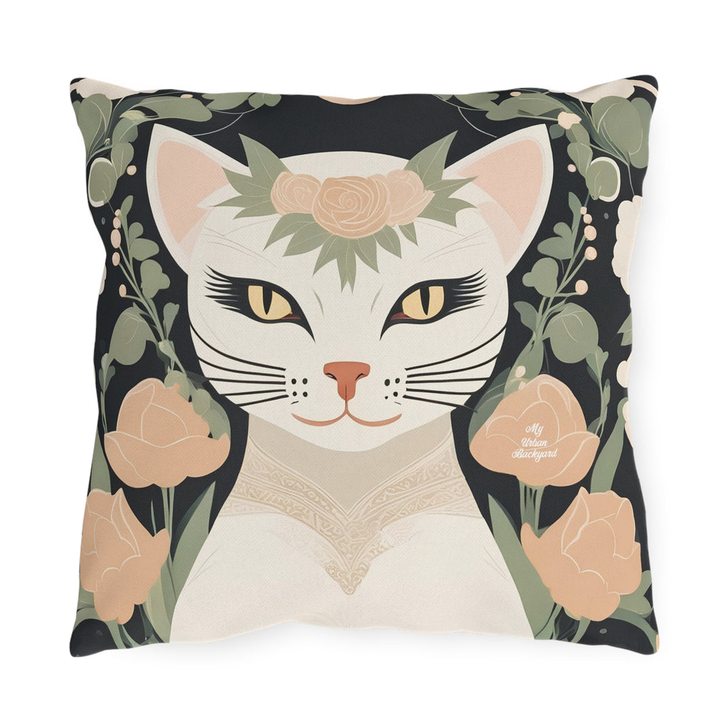Genevieve Meowcroft, Sage accent color, Cat Throw Pillow, Indoor/Outdoor Decor for Home or Office