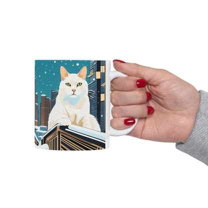 Snowy City Cat Ceramic Mug - 11 oz