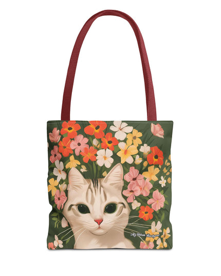 White Cat with Flowers Tote Bag with Cotton Handles For Everyday Use, 3 Sizes