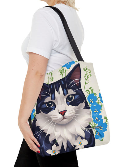 Cat and Blue Flowers Tote Bag with Cotton Handles For Everyday Use, 3 Sizes