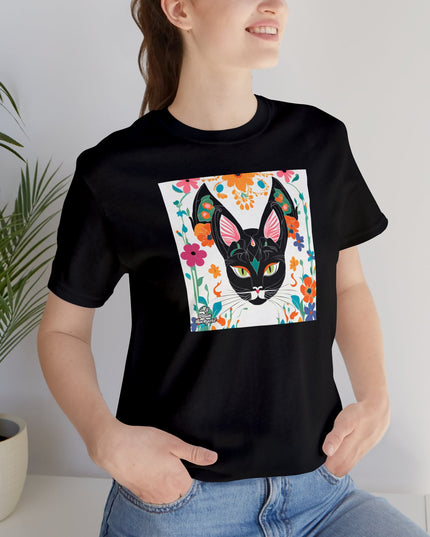 Black Cat w Green Eyes & Flowers, Soft 100% Jersey Cotton T-Shirt, Unisex, Short Sleeve, Retail Fit