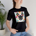 Black Cat w Green Eyes & Flowers, Soft 100% Jersey Cotton T-Shirt, Unisex, Short Sleeve, Retail Fit