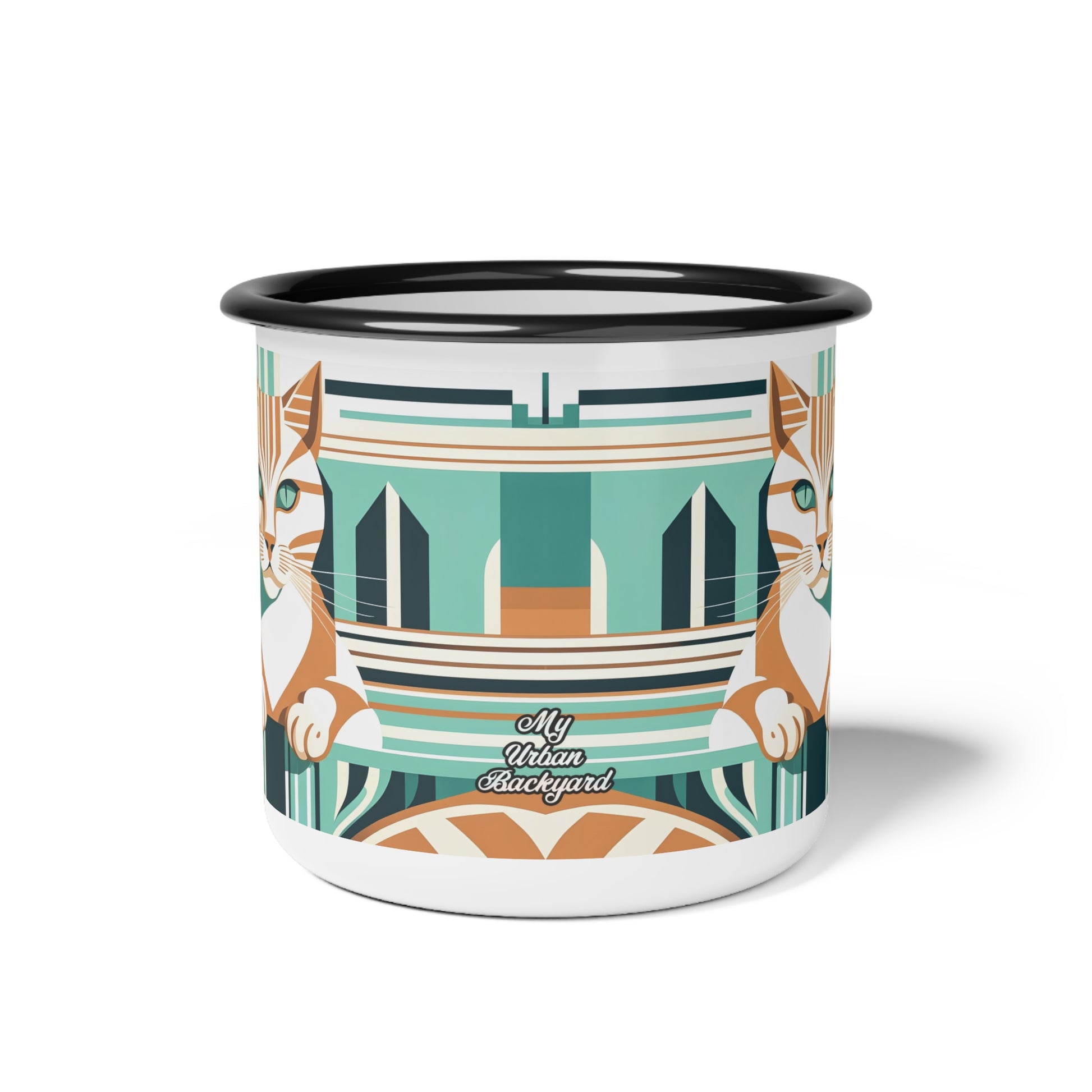 Art Deco Tabby Cat, Enamel Camping Mug for Coffee, Tea, Cocoa, or Cereal - 12oz