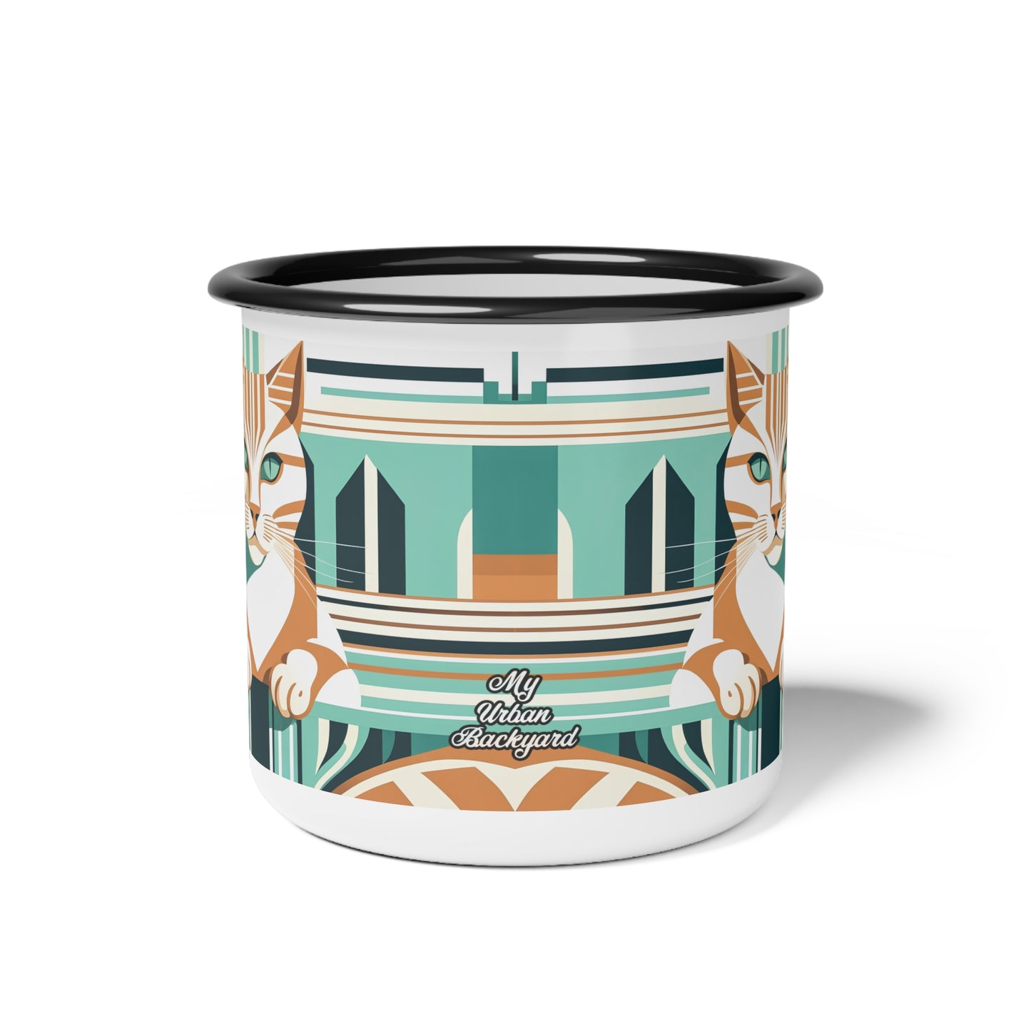 Art Deco Tabby, Enamel Camping Mug for Coffee, Tea, Cocoa, or Cereal - 12oz