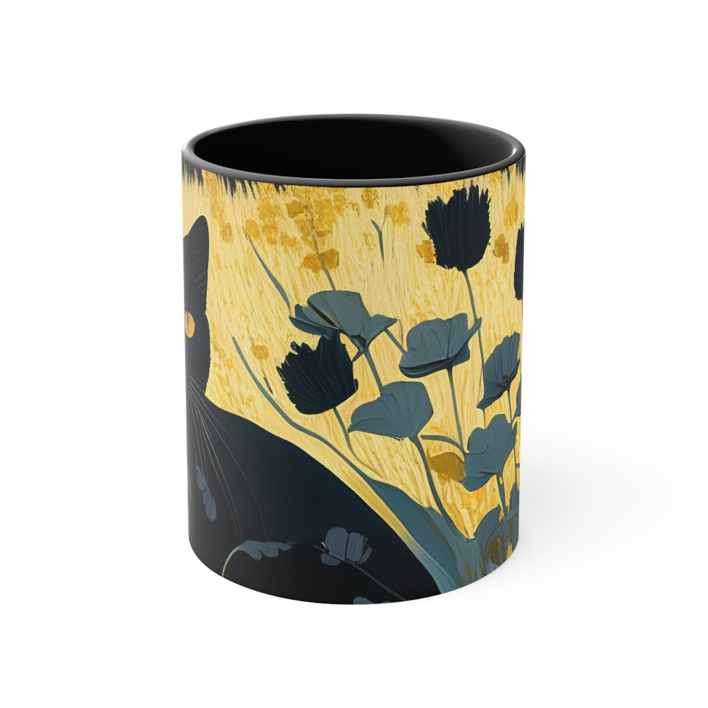 Black Cat with Black Flowers, Ceramic Mug - Perfect for Coffee, Tea, and More!