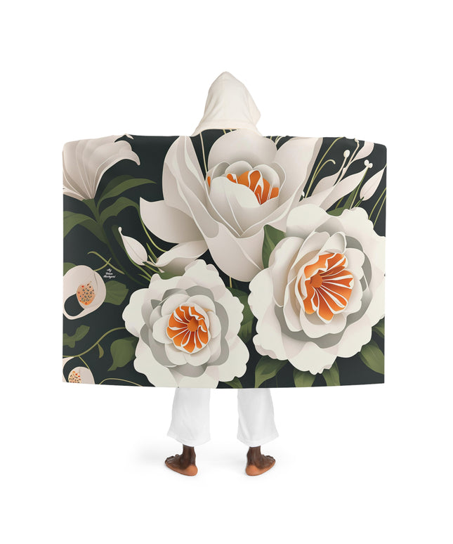 White with Orange Burst Flowers, Cozy Hooded Sherpa Fleece Blanket