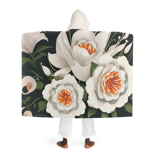 White with Orange Burst Flowers, Cozy Hooded Sherpa Fleece Blanket