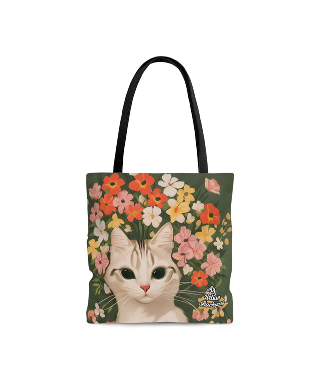 White Cat with Flowers, Tote Bag for Everyday Use - Durable and Functional