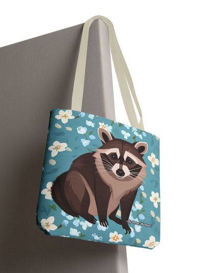 Young Raccoon w Flowers Tote Bag with Cotton Handles For Everyday Use, 3 Sizes