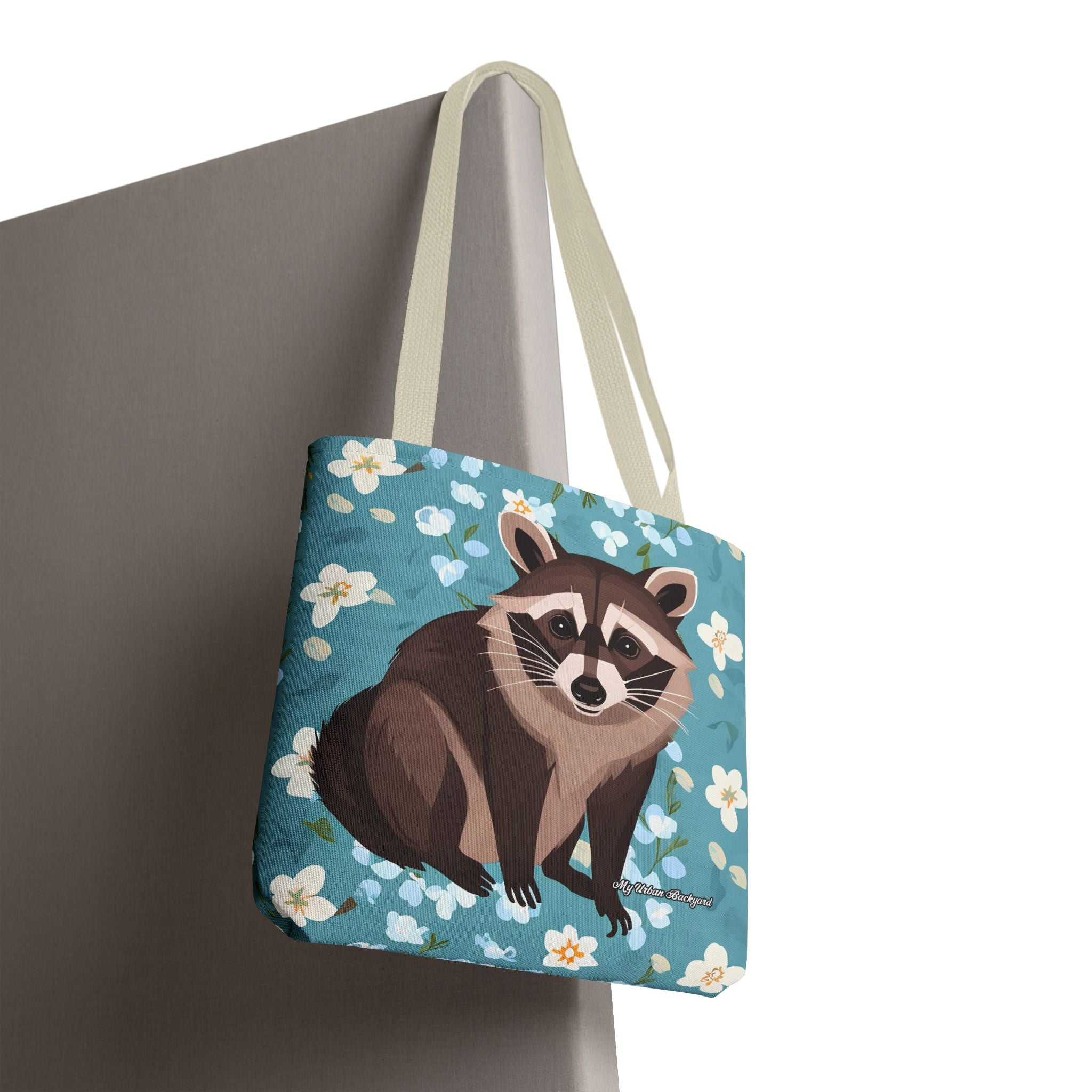 Young Raccoon w Flowers Tote Bag with Cotton Handles For Everyday Use, 3 Sizes