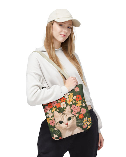White Cat with Flowers Tote Bag with Cotton Handles For Everyday Use, 3 Sizes