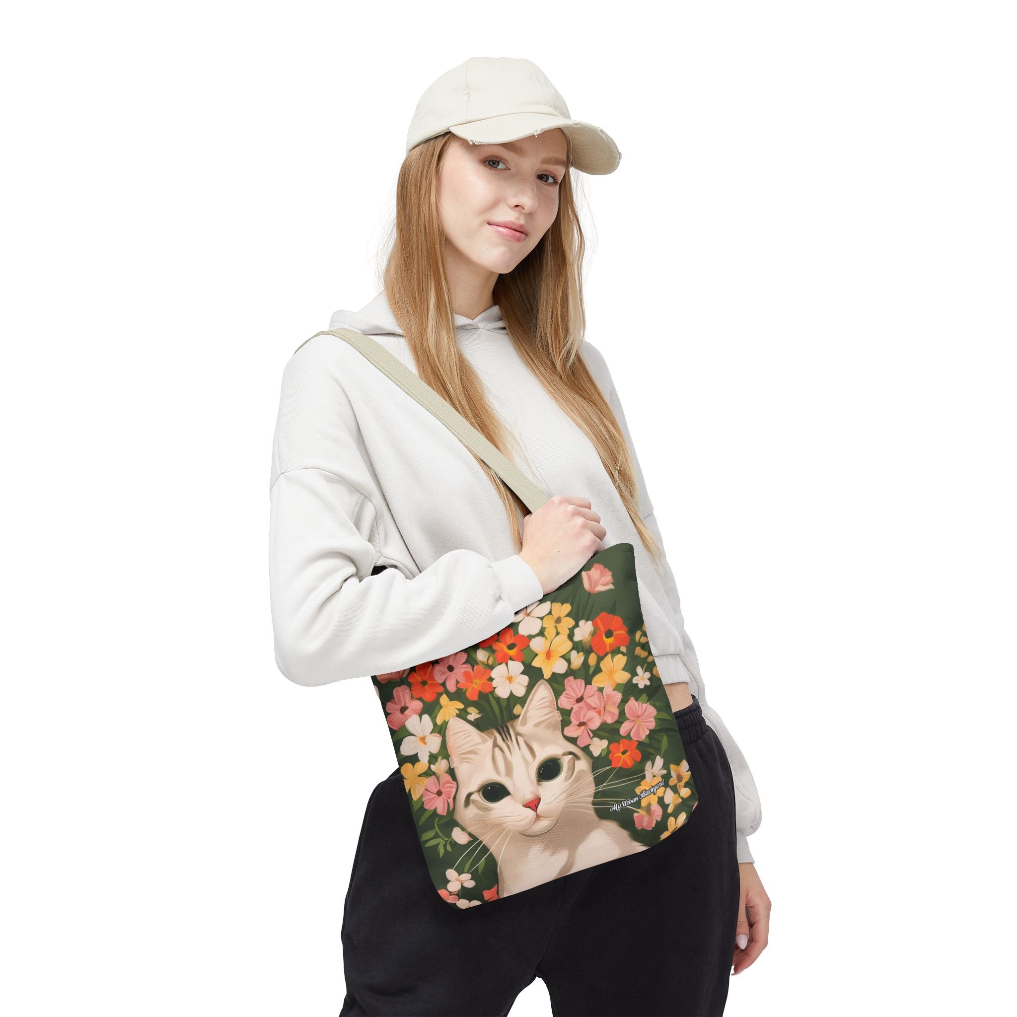 White Cat with Flowers Tote Bag with Cotton Handles For Everyday Use, 3 Sizes