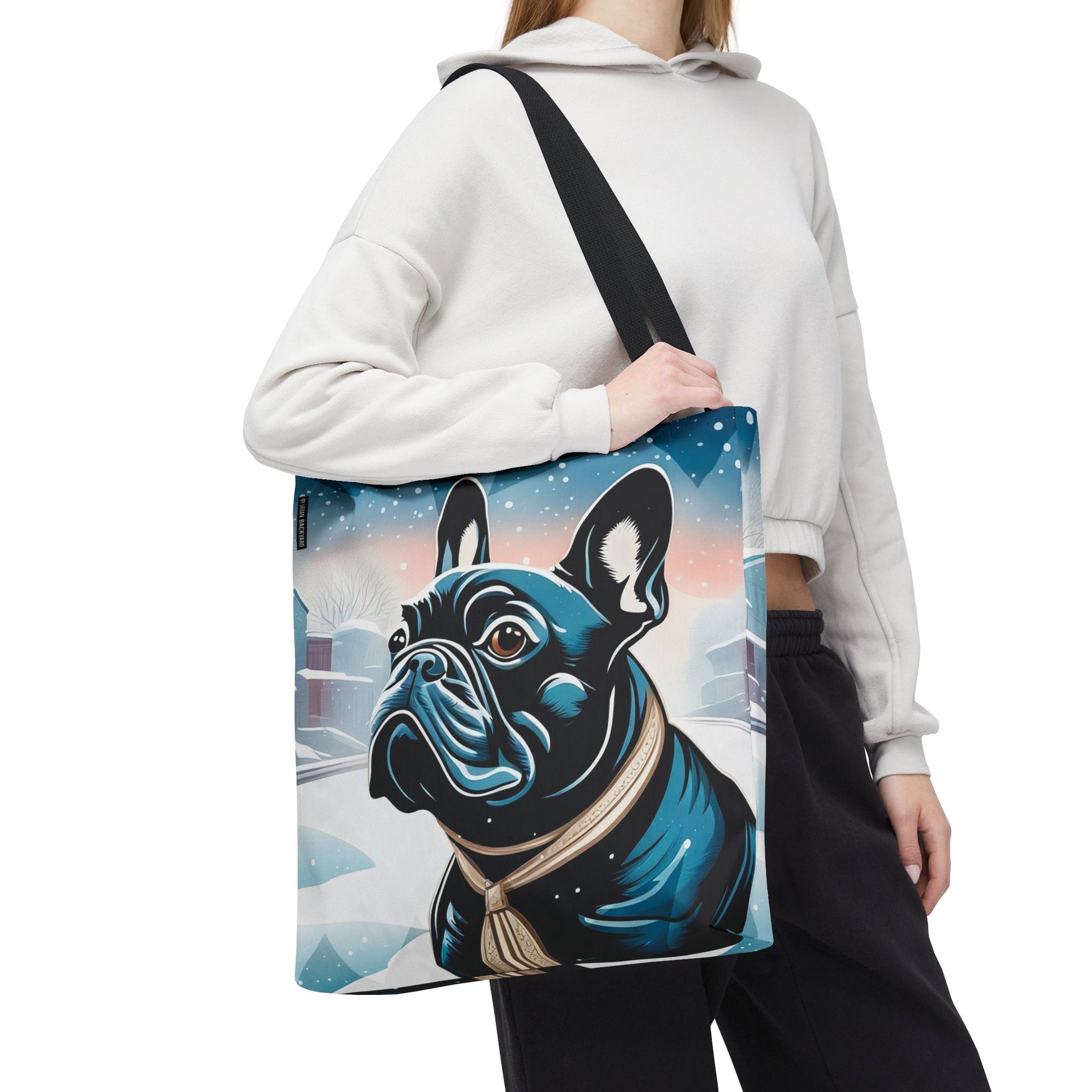 French Bulldog Winter Tote Bag — Snowy Pup All-Over Print Tote