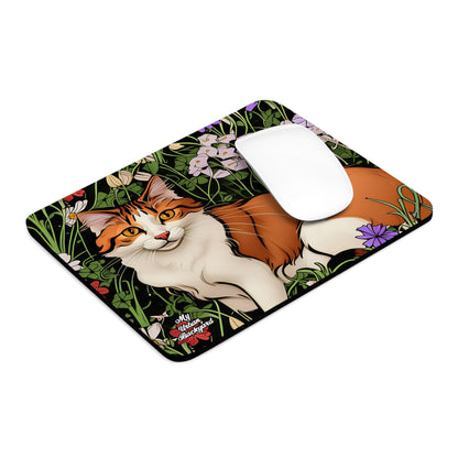 Orange and White Cat with Flowers, Computer Mouse Pad - for Home or Office