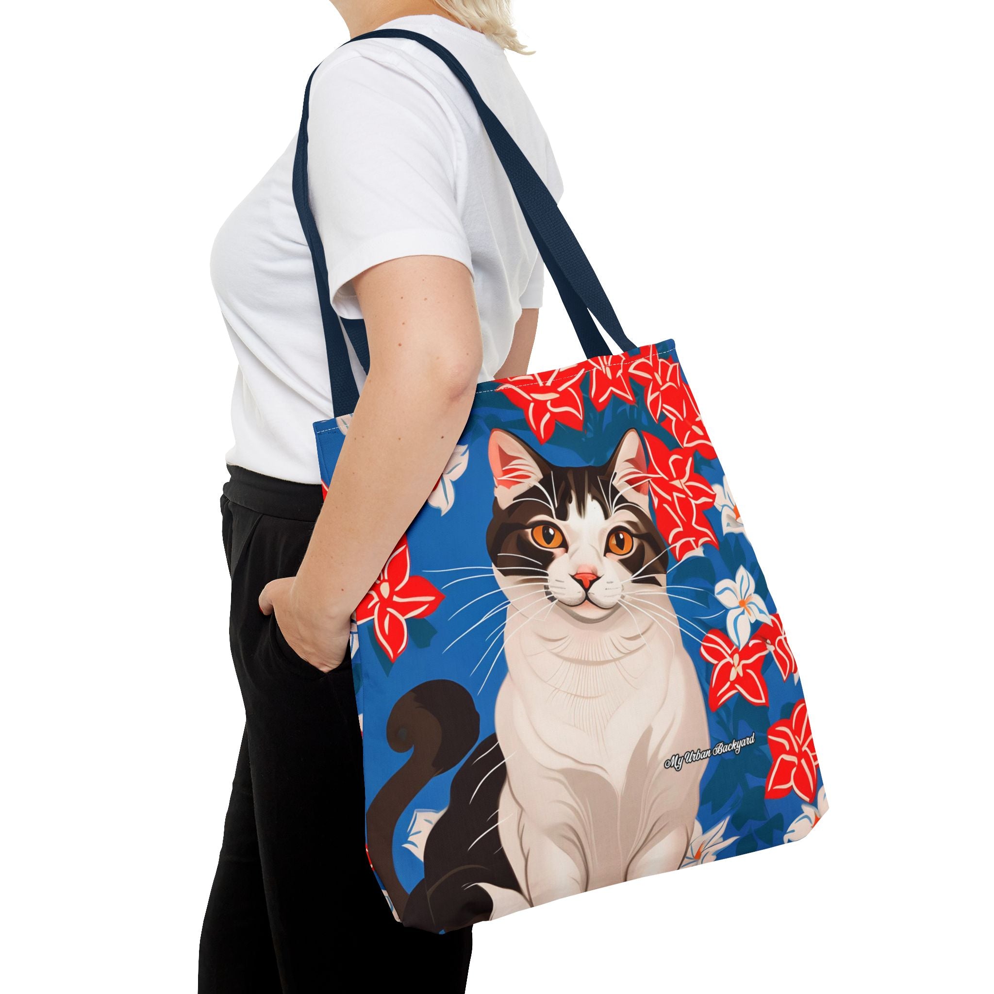 Cat with Red and White Flowers, Tote Bag with Cotton Handles For Everyday Use, 3 Sizes