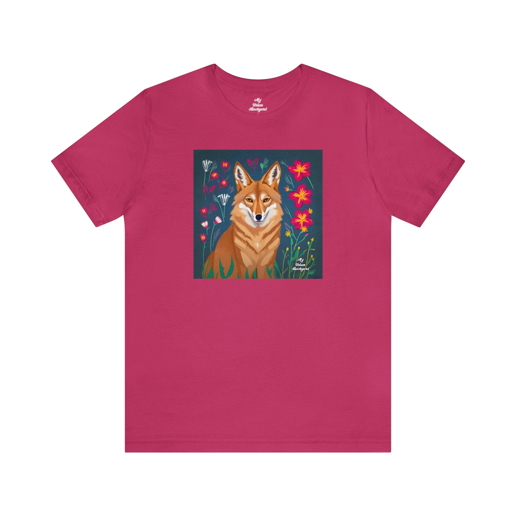 Coyote w Red Flowers, Soft 100% Jersey Cotton T-Shirt, Unisex, Short Sleeve, Retail Fit