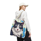 Cat and Blue Flowers Tote Bag with Cotton Handles For Everyday Use, 3 Sizes