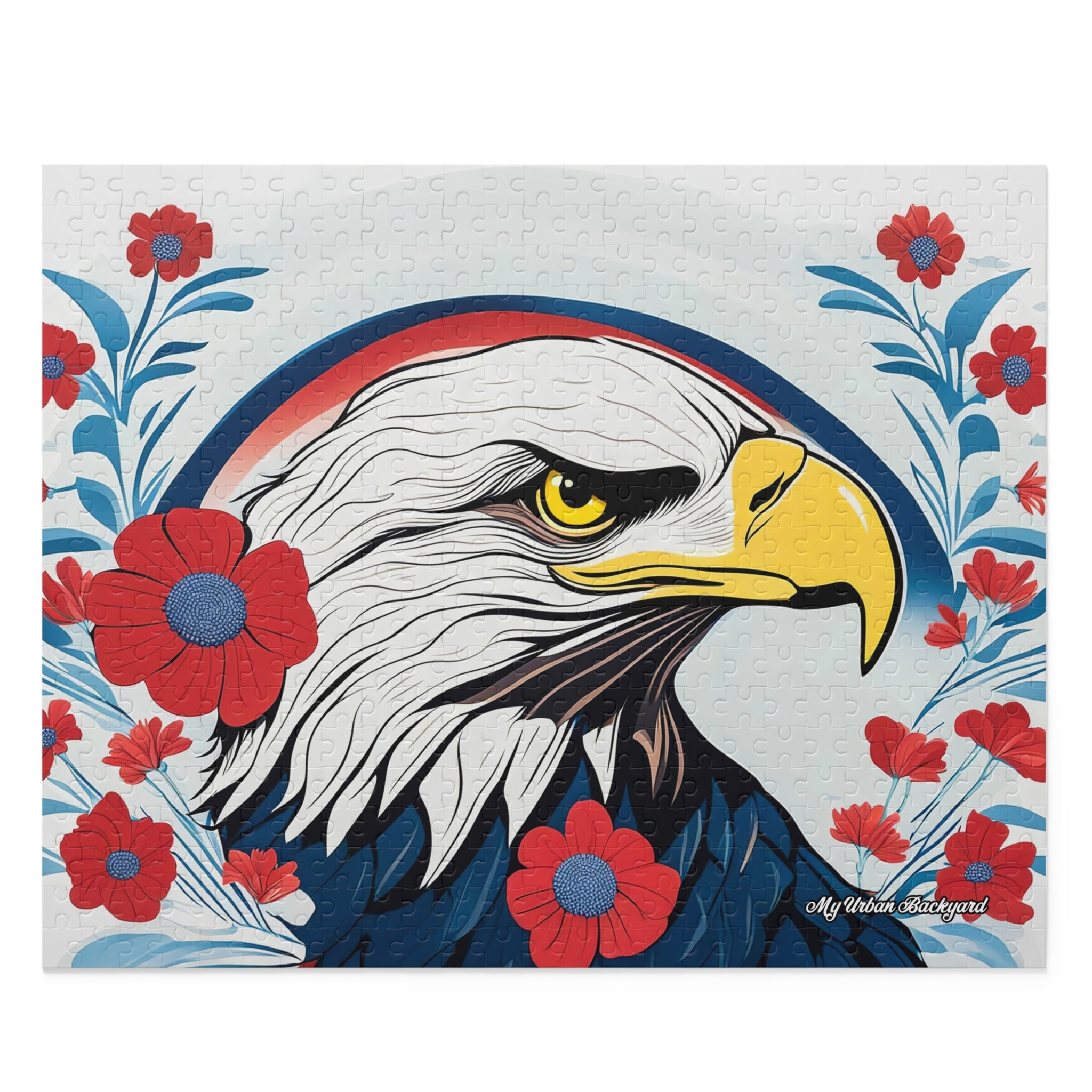 Eagle head design with red flowers on a white background
