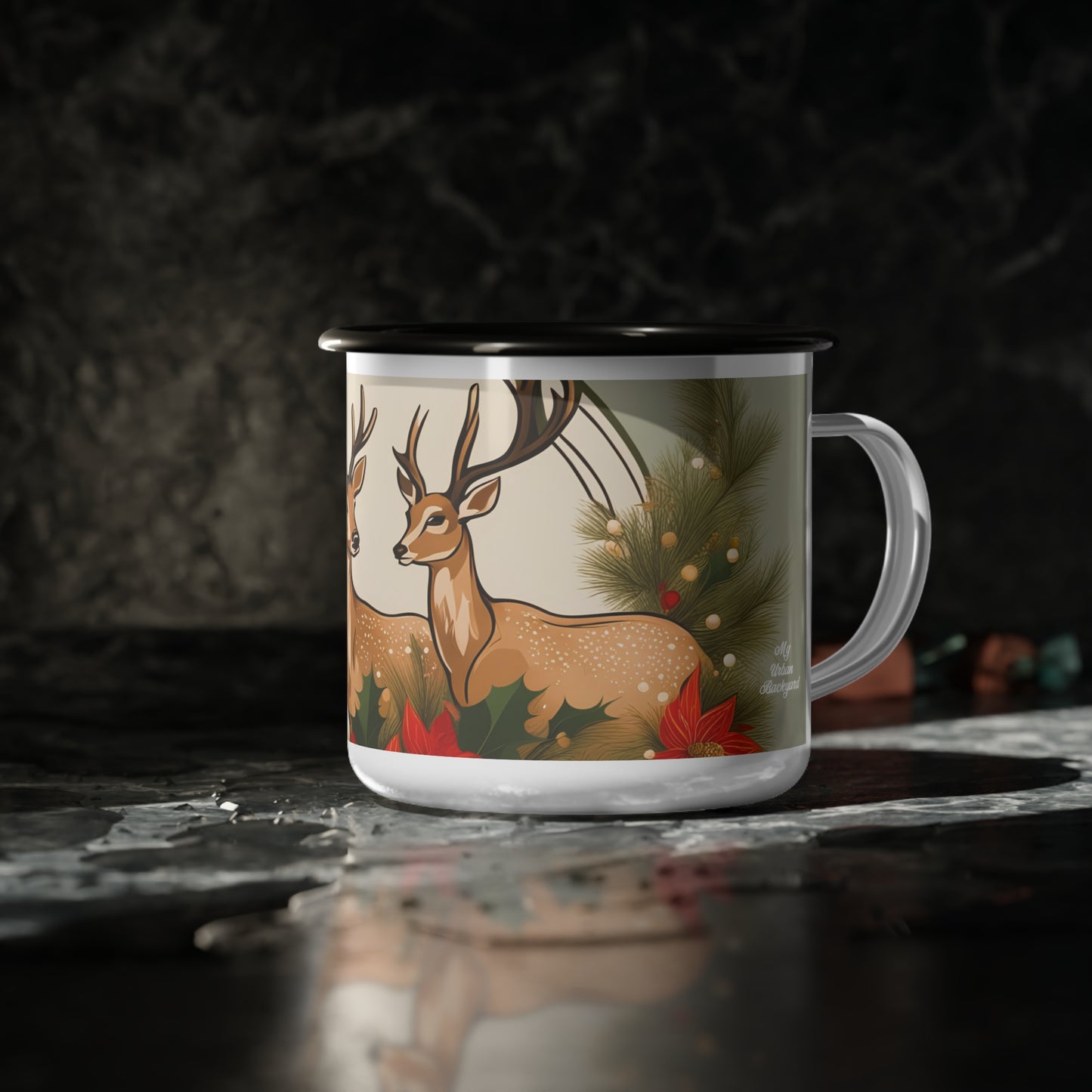 Deer with Evergreen Foliage, Enamel Camping Mug for Coffee, Tea, Cocoa, or Cereal - 12oz