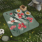 White and Red Wildflowers, Cozy Outdoor Picnic Blanket, Water-Resistant Bottom, 51" × 61"