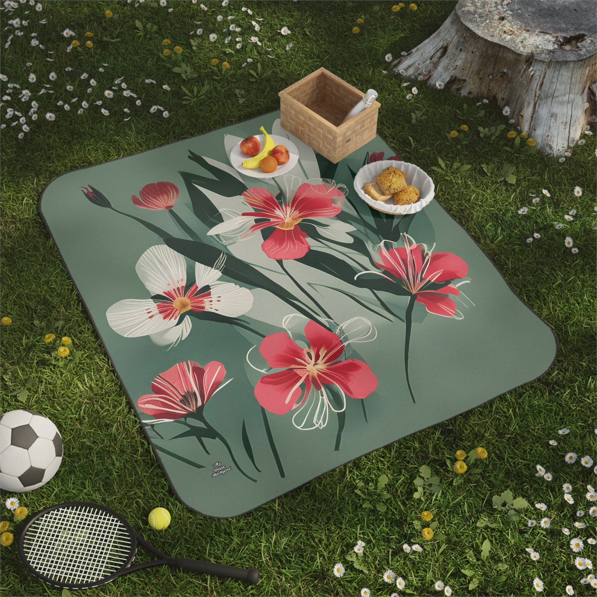 White and Red Wildflowers, Cozy Outdoor Picnic Blanket, Water-Resistant Bottom, 51" × 61"