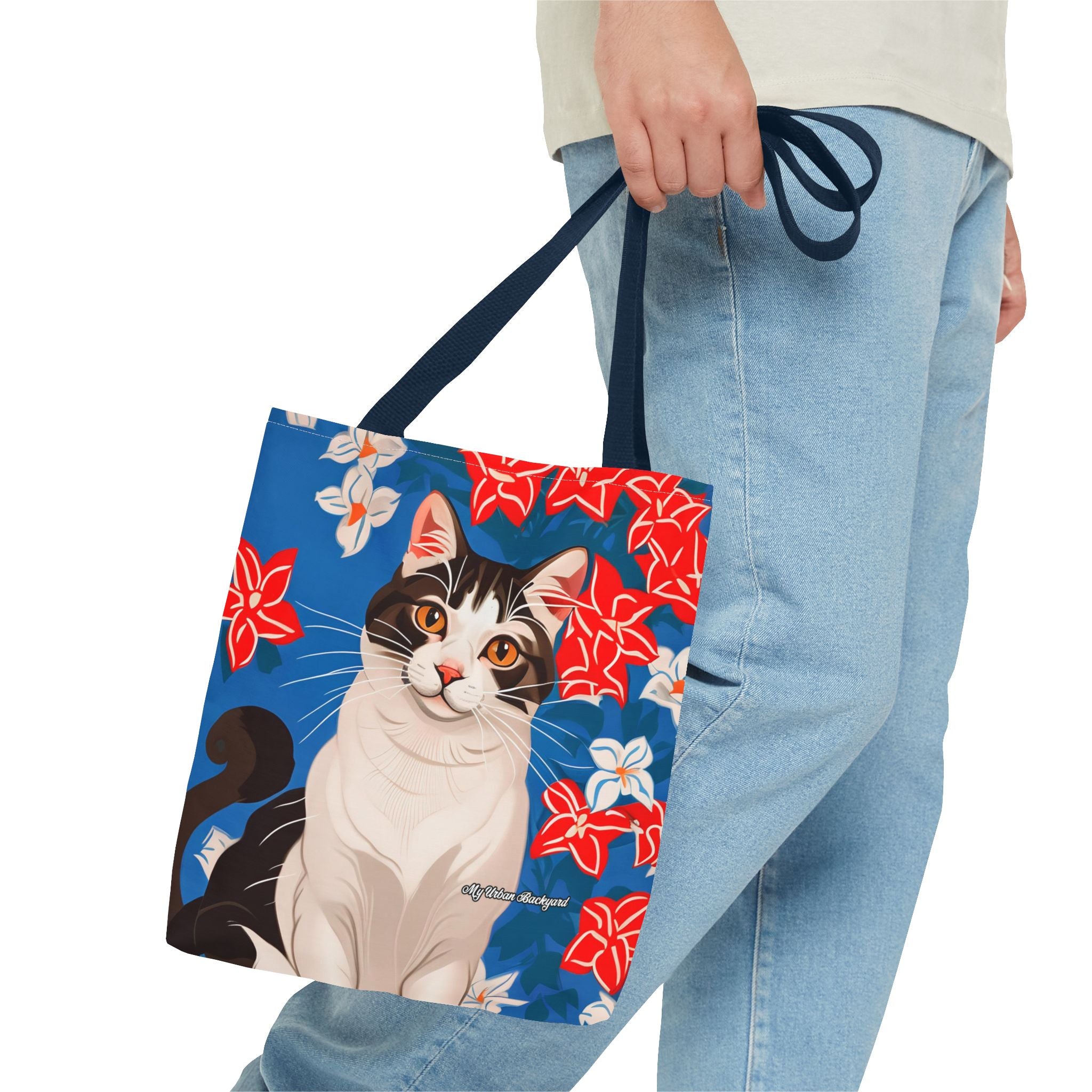 Cat with Red and White Flowers, Tote Bag with Cotton Handles For Everyday Use, 3 Sizes