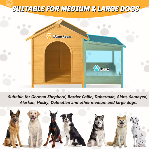 Large Wooden Dog House With Porch, Asphalt Roof and Raised Floor, For Medium and Large Dogs