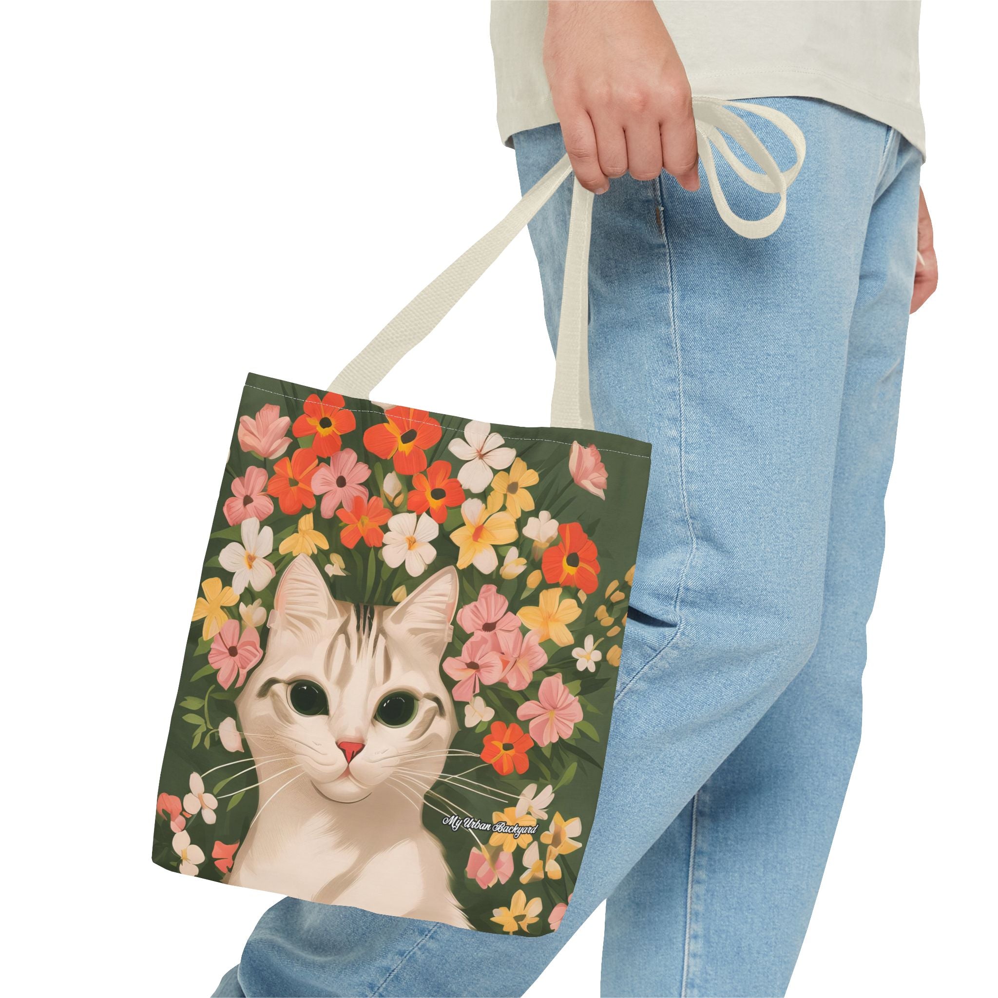 White Cat with Flowers Tote Bag with Cotton Handles For Everyday Use, 3 Sizes