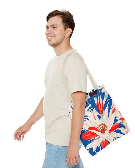 Red White & Blue Flowers Tote Bag with Cotton Handles For Everyday Use, 3 Sizes