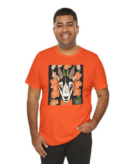 Goat with Orange Flowers, Soft 100% Jersey Cotton T-Shirt, Unisex, Short Sleeve, Retail Fit