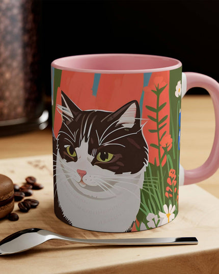 Ceramic Mug for Coffee, Tea, Hot Cocoa. Home/Office, Cat w Wildflowers
