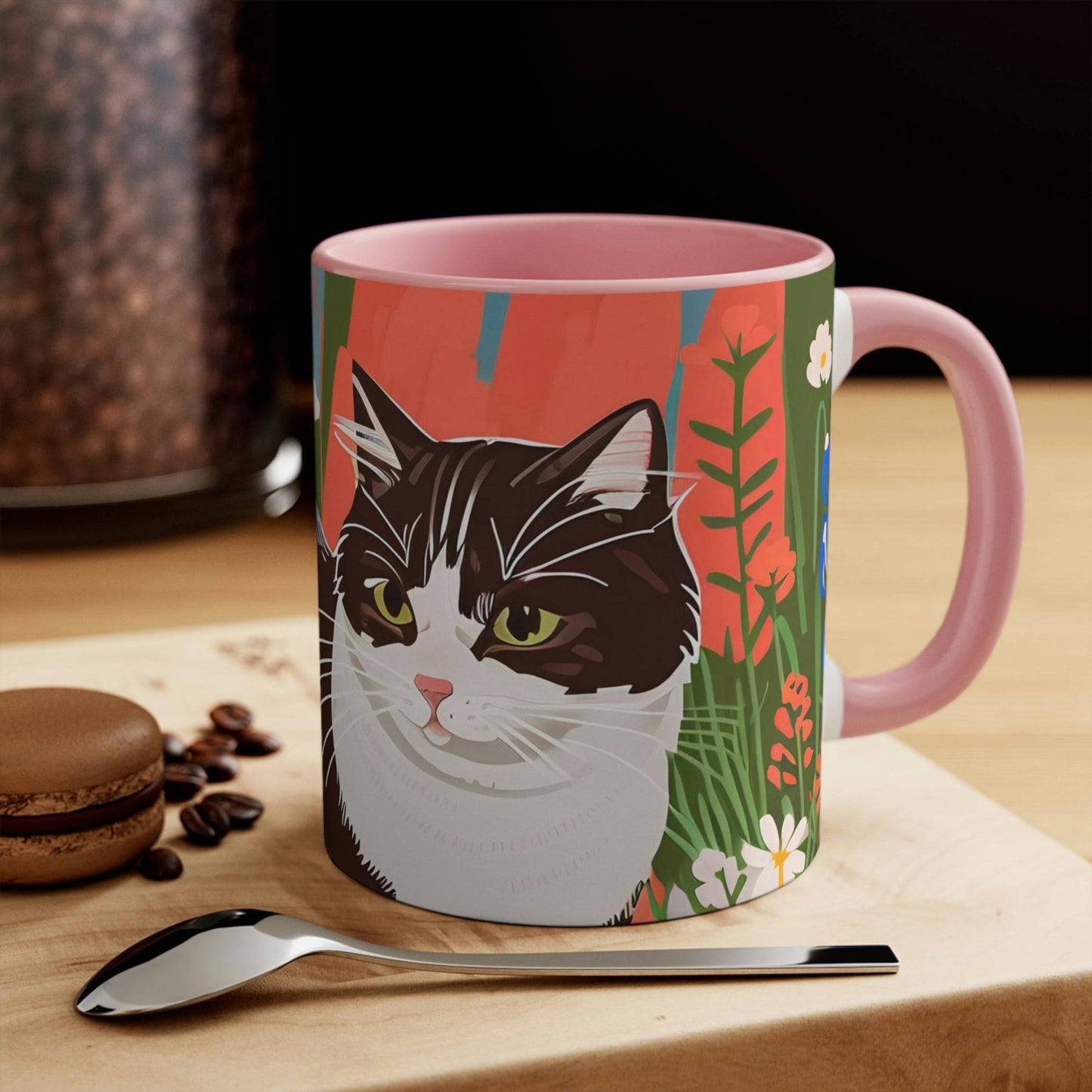 Ceramic Mug for Coffee, Tea, Hot Cocoa. Home/Office, Cat w Wildflowers