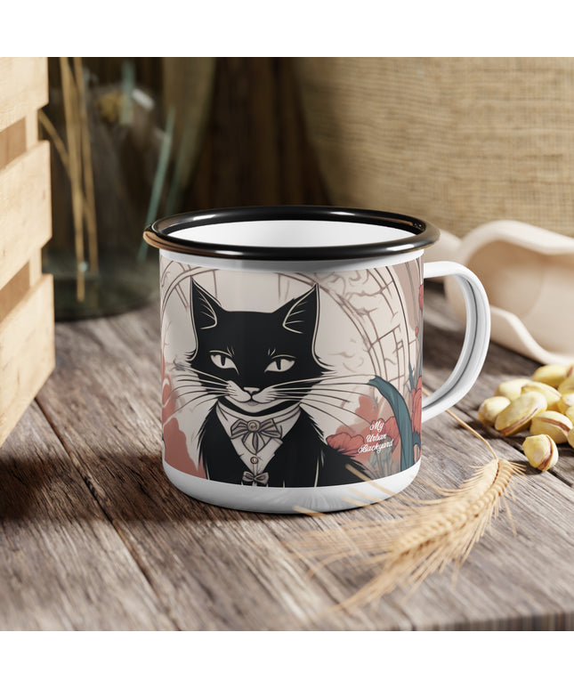 Tuxedo Cat with Flowers, Enamel Camping Mug for Coffee, Tea, Cocoa, or Cereal - 12oz