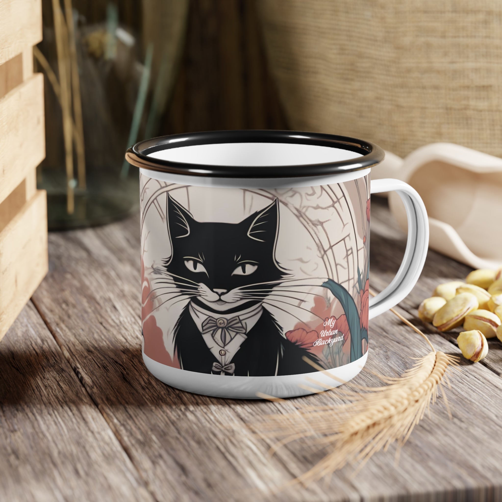 Tuxedo Cat with Flowers, Enamel Camping Mug