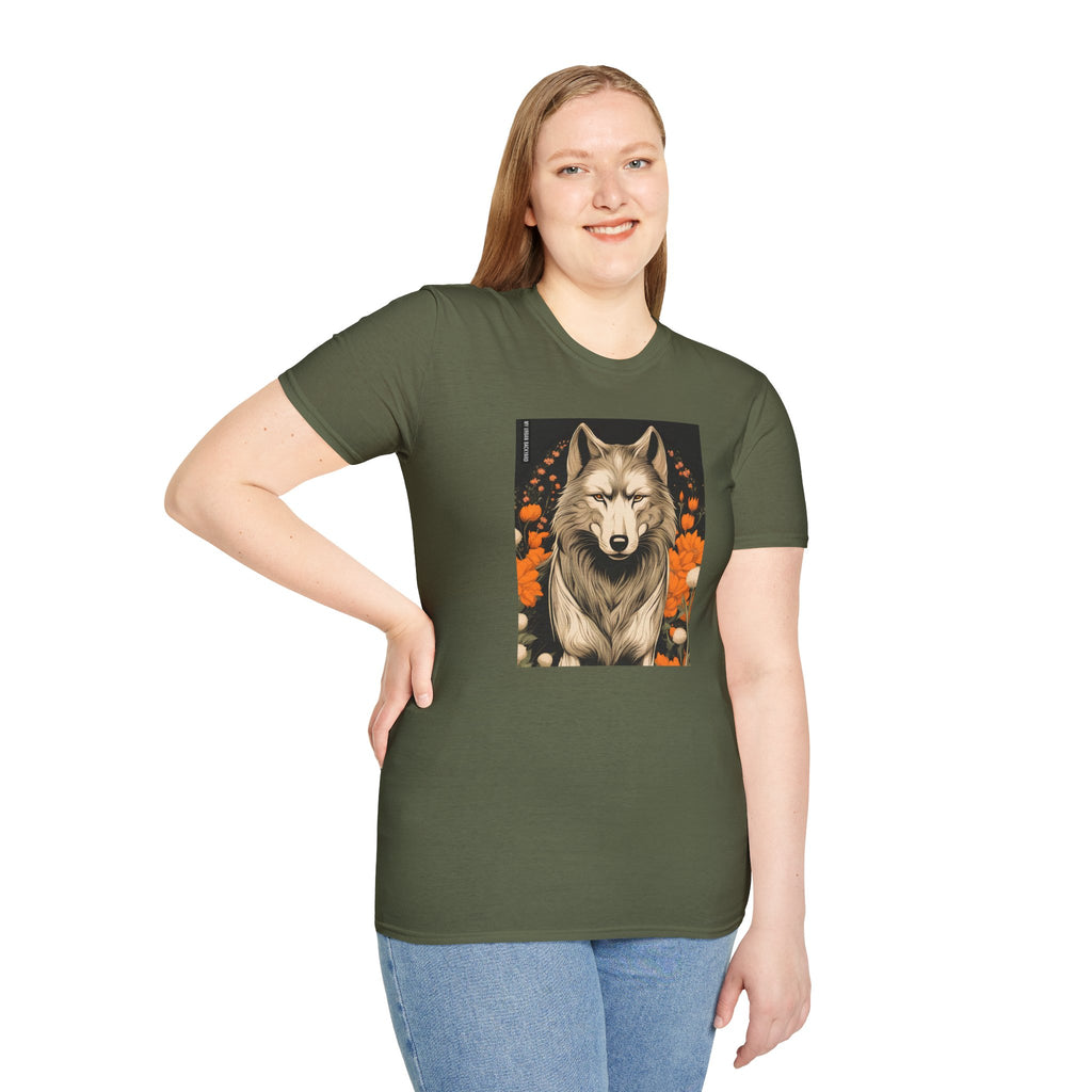 Wolf with Flowers, Soft 100% Cotton T-Shirt, Unisex, Short Sleeve, Classic Fit