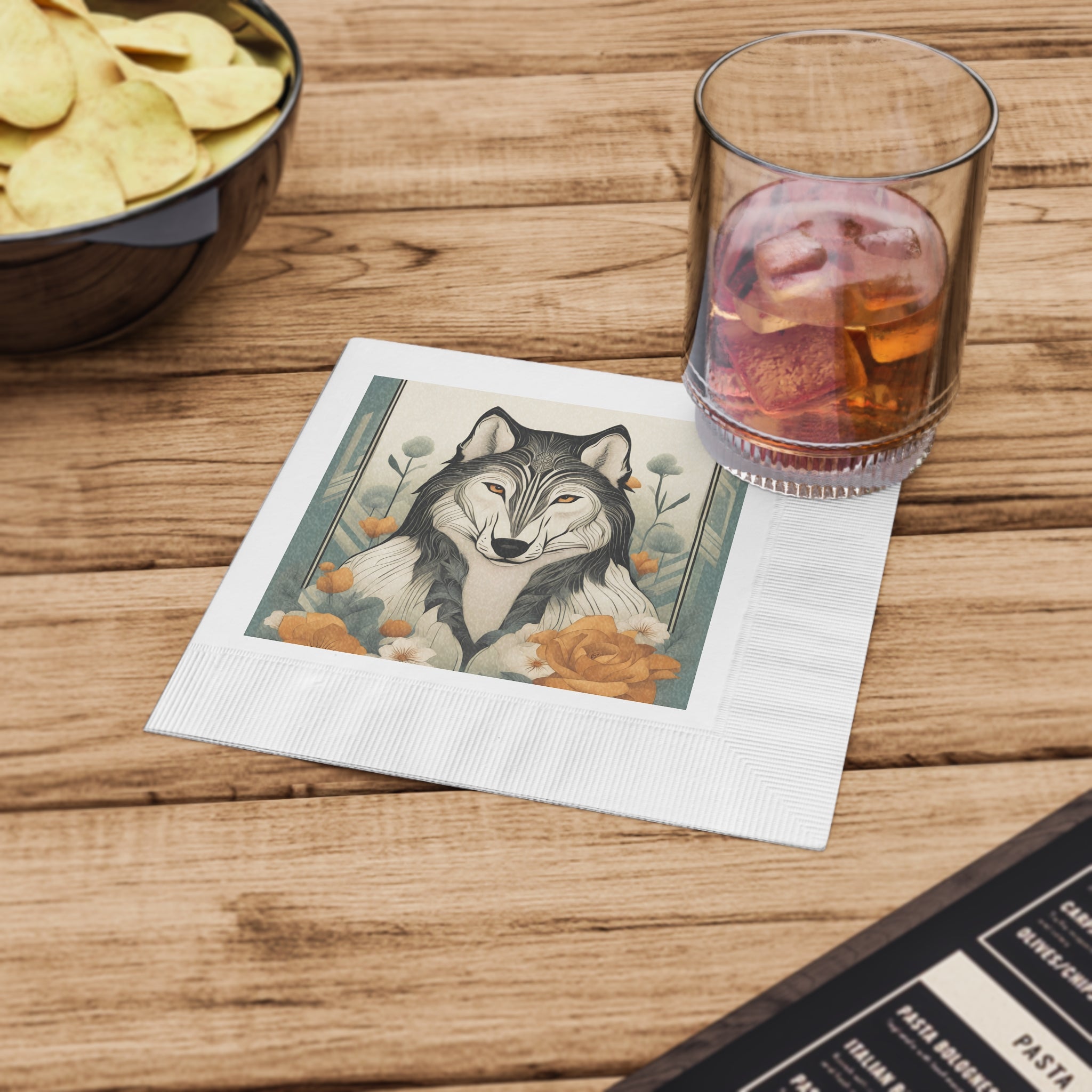 Orange-Eyed Wolf Floral Napkins