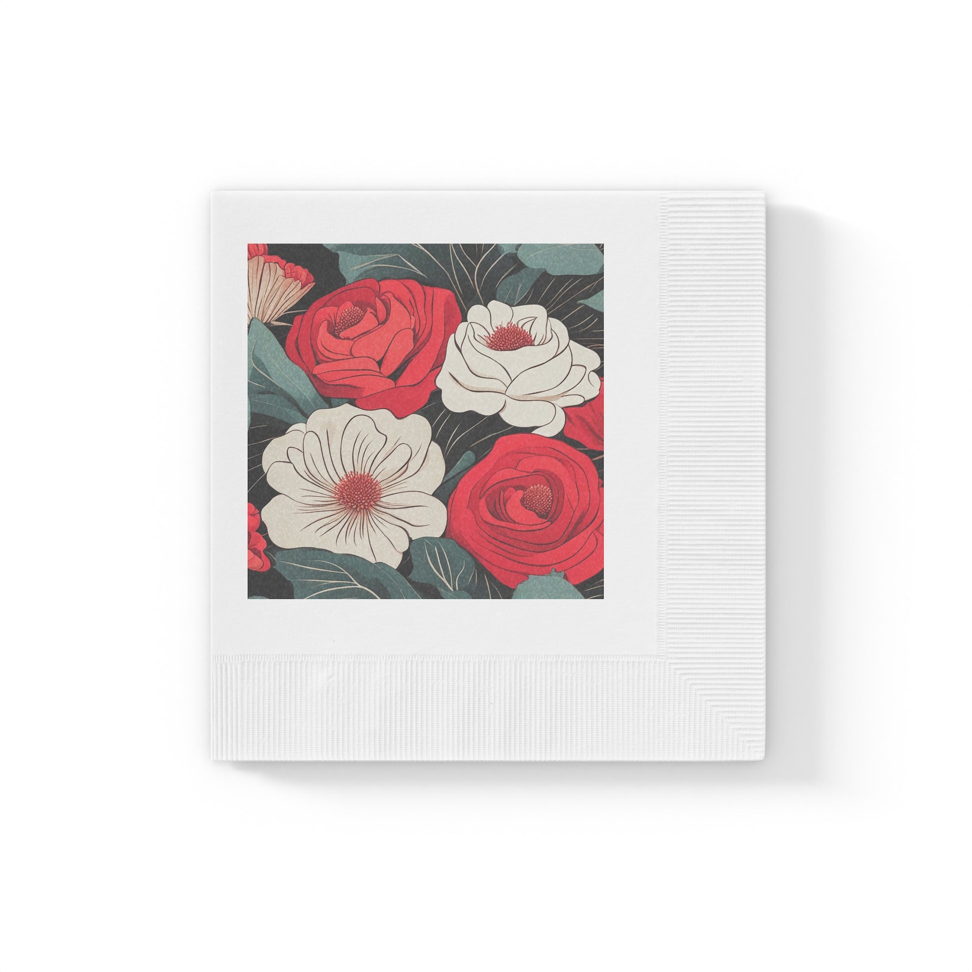 Floral Cocktail Napkins — Vintage Red White Garden Party Decor, 2 sizes, Pack of 50 or 100