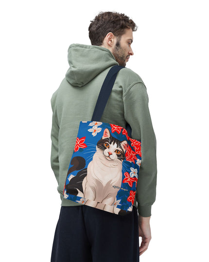 Cat and Red White & Blue Flowers Tote Bag with Cotton Handles For Everyday Use, 3 Sizes